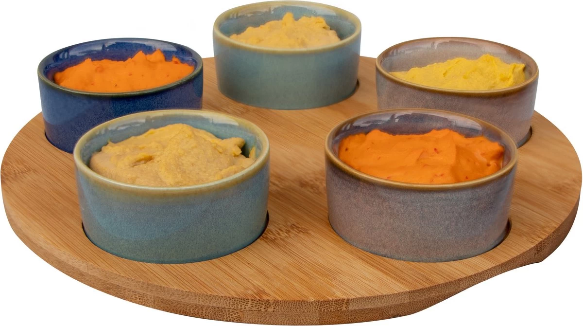 Cosy & Trendy Serveerplank Bamboe Dia 25 Cm Met 5x Luxe Hapjes/saus/tapas Schaaltjes - Afbeelding 2