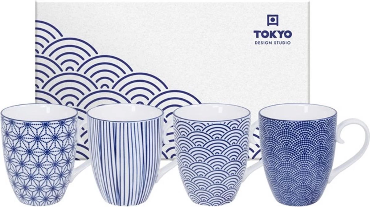 Tokyo Design Studio - Nippon Blue - Set Van 4 Mokken 380 Ml - Verpakt In Luxe Geschenkdoos