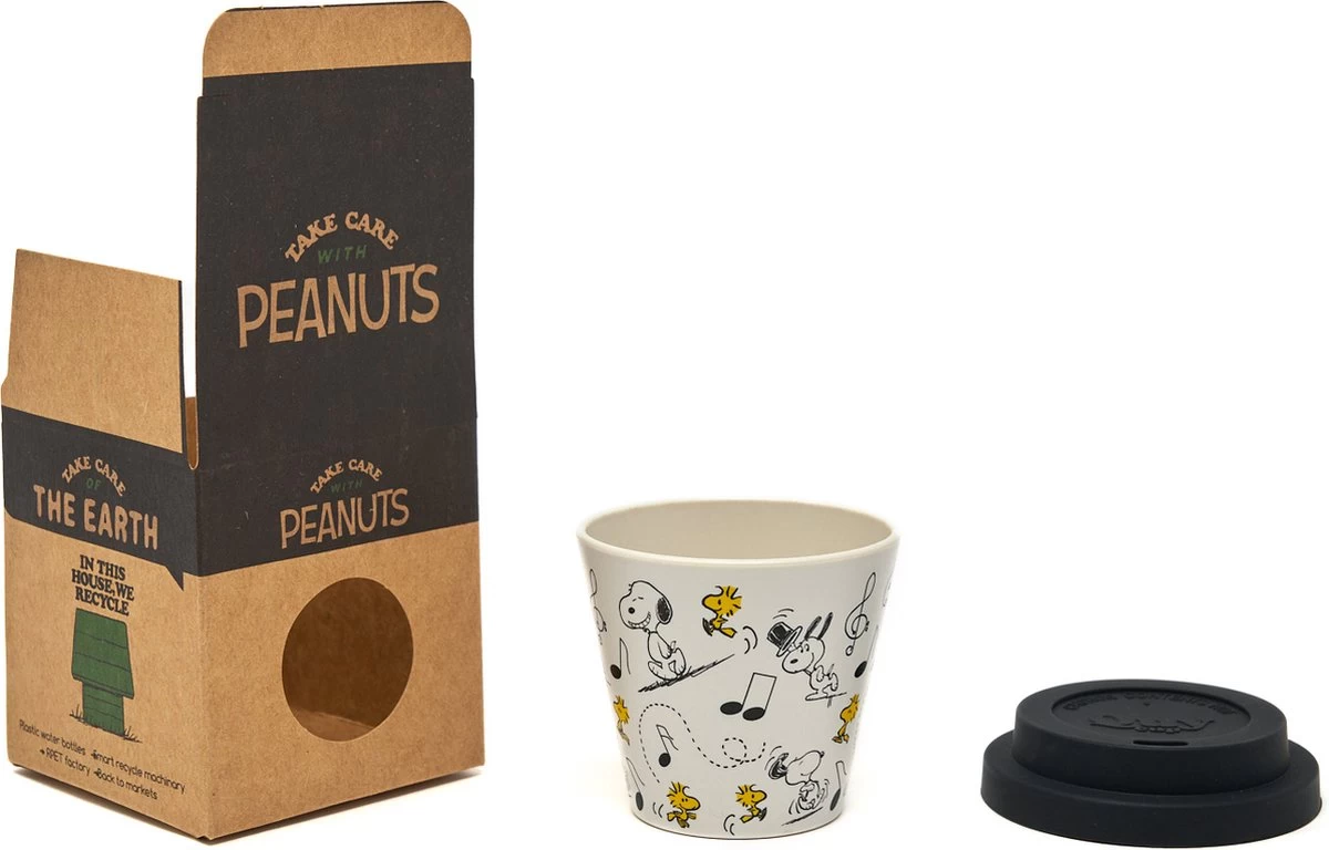 Quy Cup - 90ml Ecologische Reis Beker - Espressobeker “Peanuts Snoopy Music” Met Zwarte Siliconen Deksel - Afbeelding 4