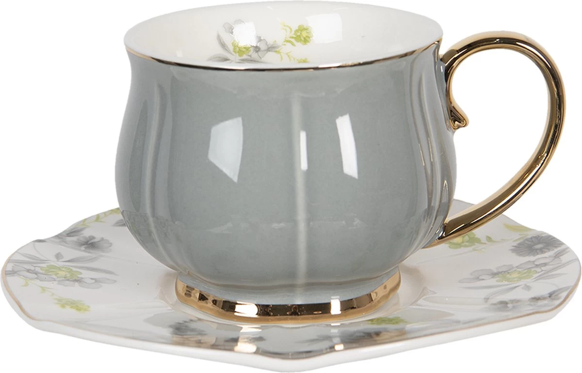 Clayre & Eef Kop En Schotel Set Van 6 250 Ml Meerkleurig Porselein Rond Bloemen Servies Cadeau Voor Haar Cappuccino - Afbeelding 3