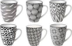 Set Van 12x Stuks Kopjes/bekers Nikko Zwart/wit Print 19 Cl - Koffie/thee Mokken Met Oor