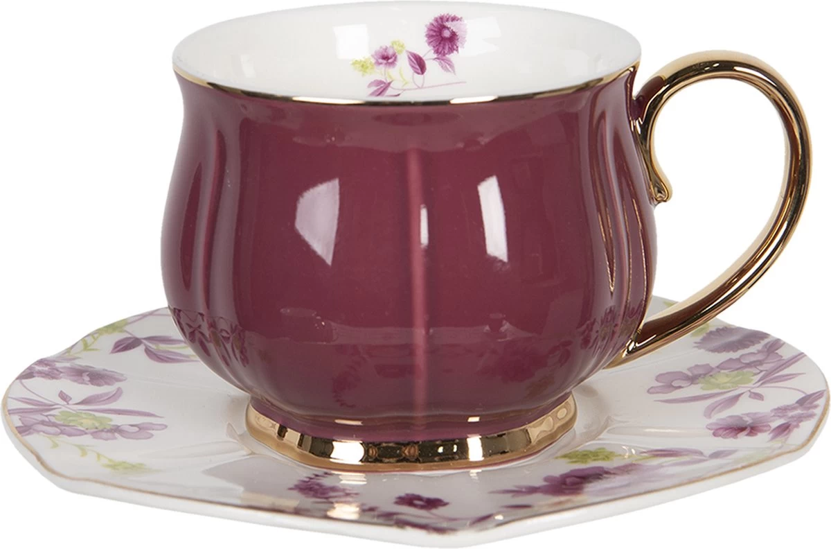 Clayre & Eef Kop En Schotel Set Van 6 250 Ml Meerkleurig Porselein Rond Bloemen Servies Cadeau Voor Haar Cappuccino - Afbeelding 5