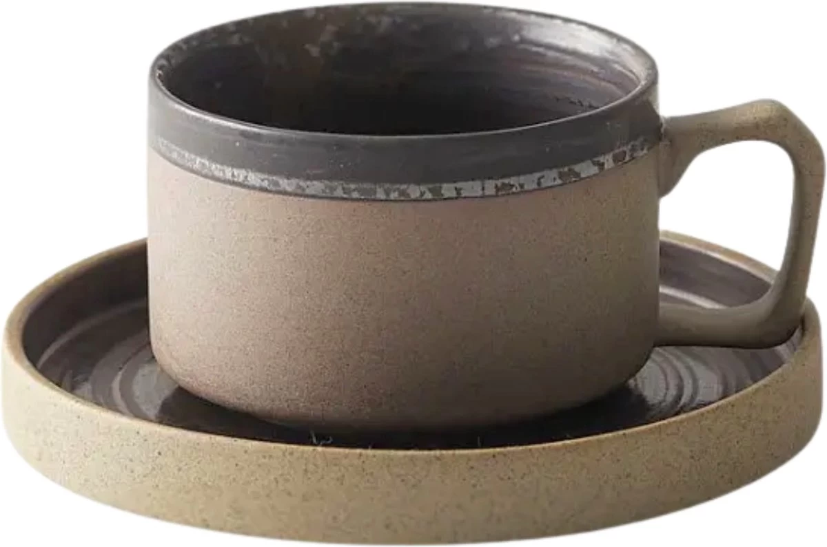 House Of Husk® Keramieke Kop En Schotel Set - Koffiekopjes - Theemokken - Koffiemokken - 250 Ml - Bruin Aardewerk
