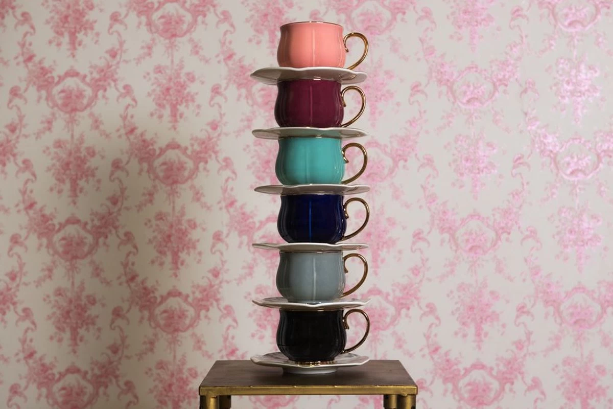 Clayre & Eef Kop En Schotel Set Van 6 250 Ml Meerkleurig Porselein Rond Bloemen Servies Cadeau Voor Haar Cappuccino - Afbeelding 7