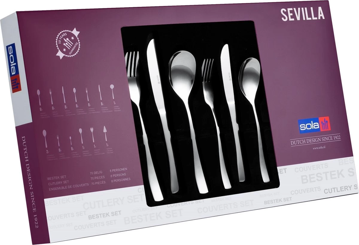 Sola Bestekset Sevilla - Economy - 8 Persoons - 70 Delig - Zilver Chroomstaal 18/0 - RVS - Afbeelding 3