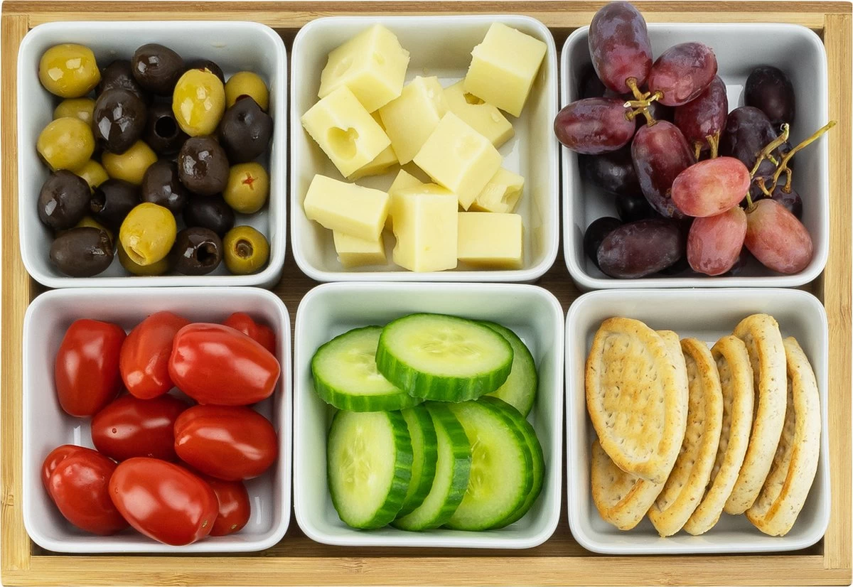 Krumble Borrelplank Met 6 Schaaltjes - Borrelplank - Tapasschaal - Serveerschaal Met Vakjes - Snackschaal - Snack- & Tappasschalen - Serveerplanken- Serveerschalen - Hout En Keramiek - 6 Delig Schaaltjes - Wit En Bruin - Afbeelding 3