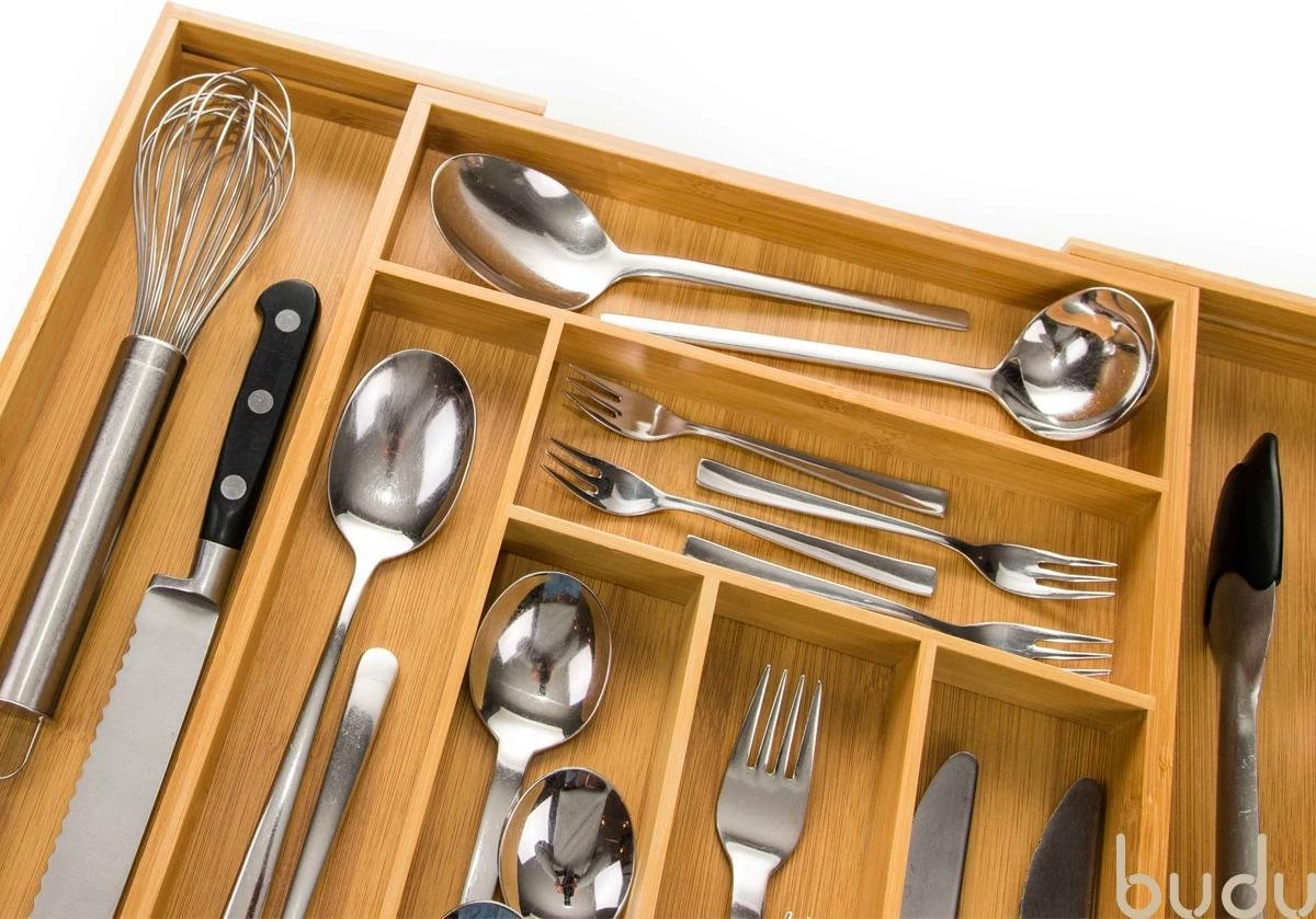 Budu Uitschuifbare Bamboe Bestekbak #47 (47 Cm Diep) - Bestekcassette Hout - Besteklade - 47 X 30,6 - 50 Cm - 6/8 Vakken - Afbeelding 4