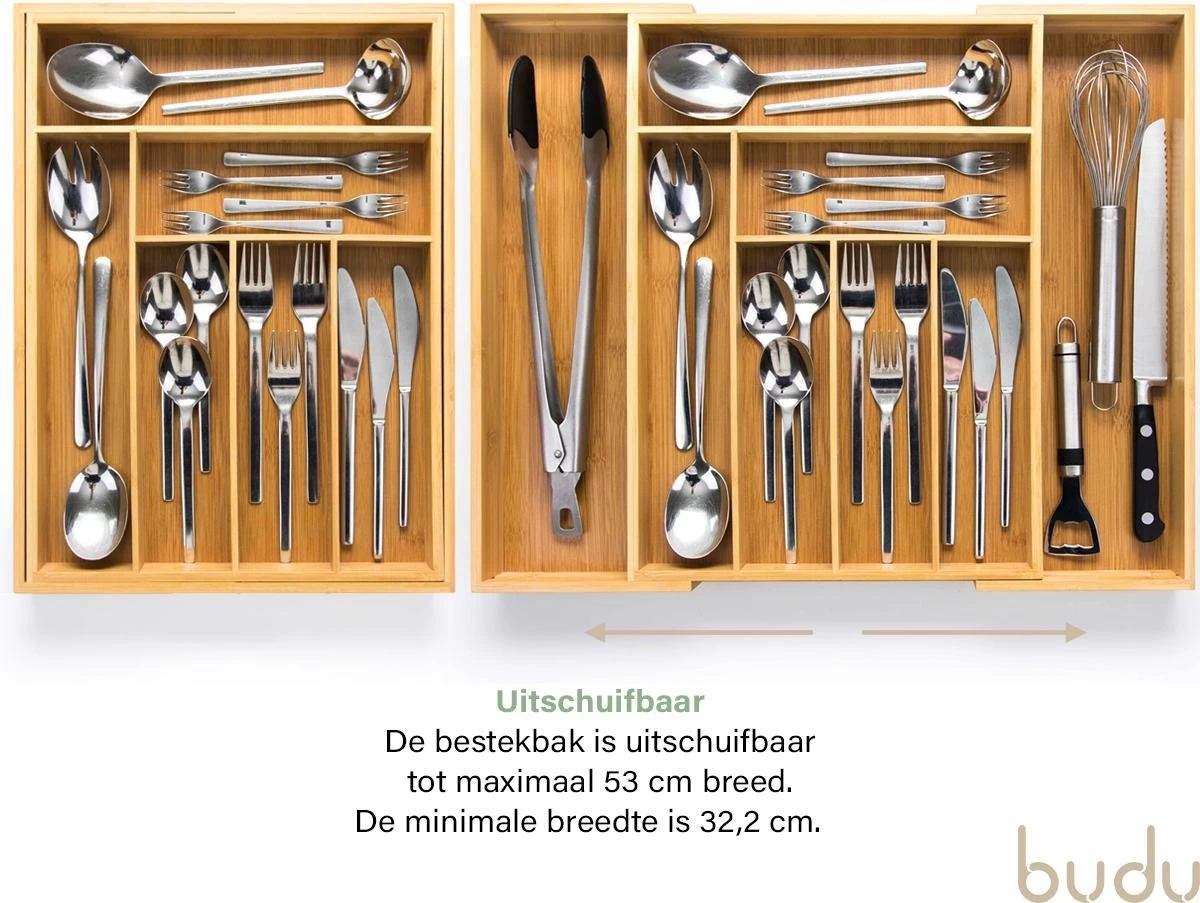 Budu Uitschuifbare Bamboe Bestekbak #43 (43 Cm Diep) - Bestekcassette Hout - Besteklade - 43 X 32,2 - 53 Cm - 6/8 Vakken - Afbeelding 4