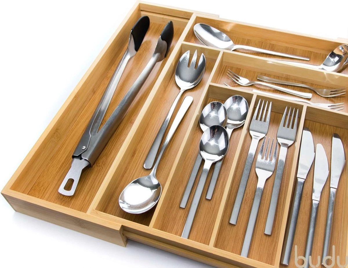 Budu Uitschuifbare Bamboe Bestekbak #43 (43 Cm Diep) - Bestekcassette Hout - Besteklade - 43 X 32,2 - 53 Cm - 6/8 Vakken - Afbeelding 7