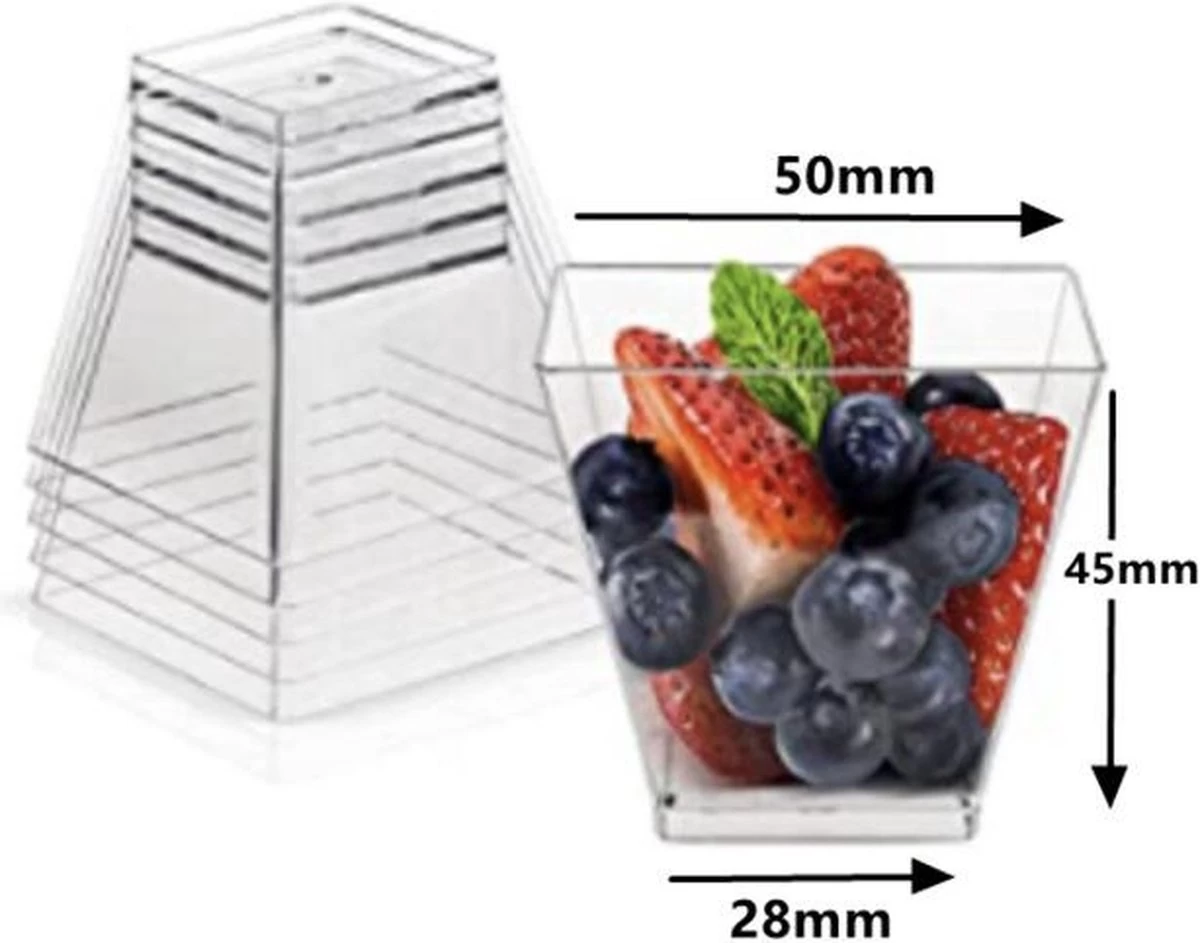 Merkloos Kleine Amuse Bakjes Voor Dessert/IJs/Fruit/Hapjes/Tapas/Toetje/Gebakje/Taartje - Herbruikbare Amusebakjes Van Kunststof - Afwasmachinebestendig - 70ML - Vierkant - 25 Stuks - Transparant - Afbeelding 5