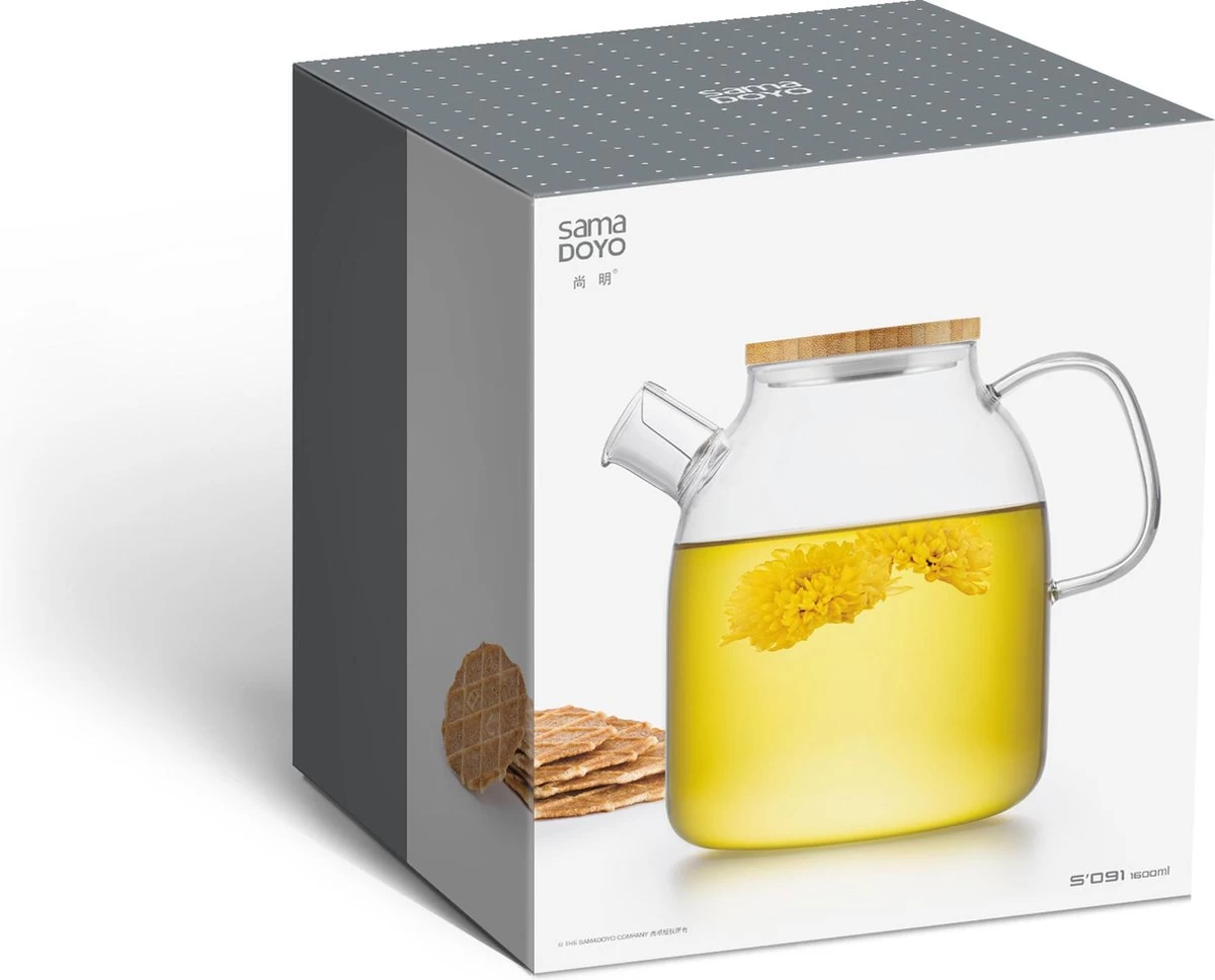 S091 Glazen Theepot Met Bamboedeksel - 1600 Ml - Samadoyo - Afbeelding 5