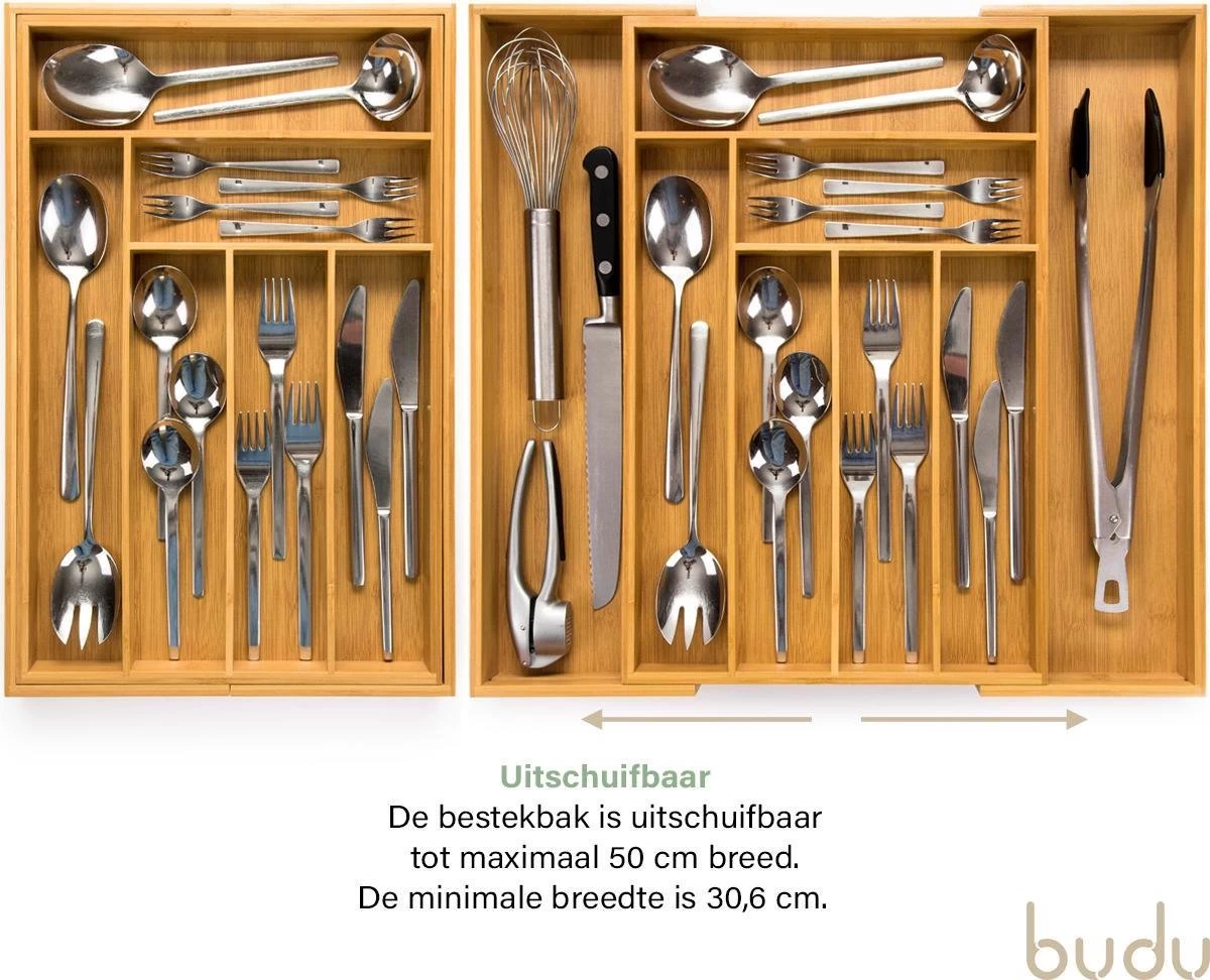 Budu Uitschuifbare Bamboe Bestekbak #47 (47 Cm Diep) - Bestekcassette Hout - Besteklade - 47 X 30,6 - 50 Cm - 6/8 Vakken - Afbeelding 2