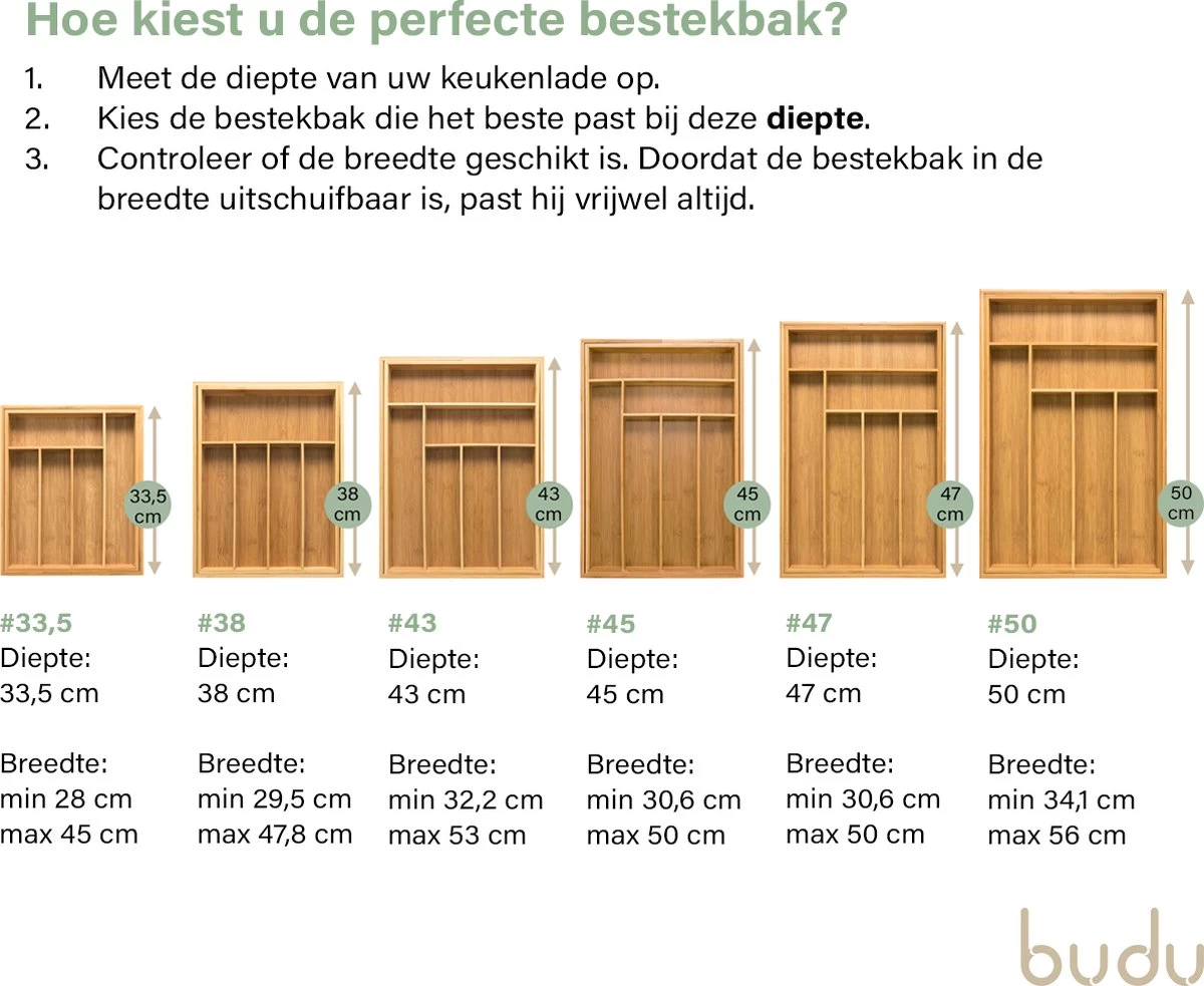 Budu Uitschuifbare Bamboe Bestekbak #43 (43 Cm Diep) - Bestekcassette Hout - Besteklade - 43 X 32,2 - 53 Cm - 6/8 Vakken - Afbeelding 2