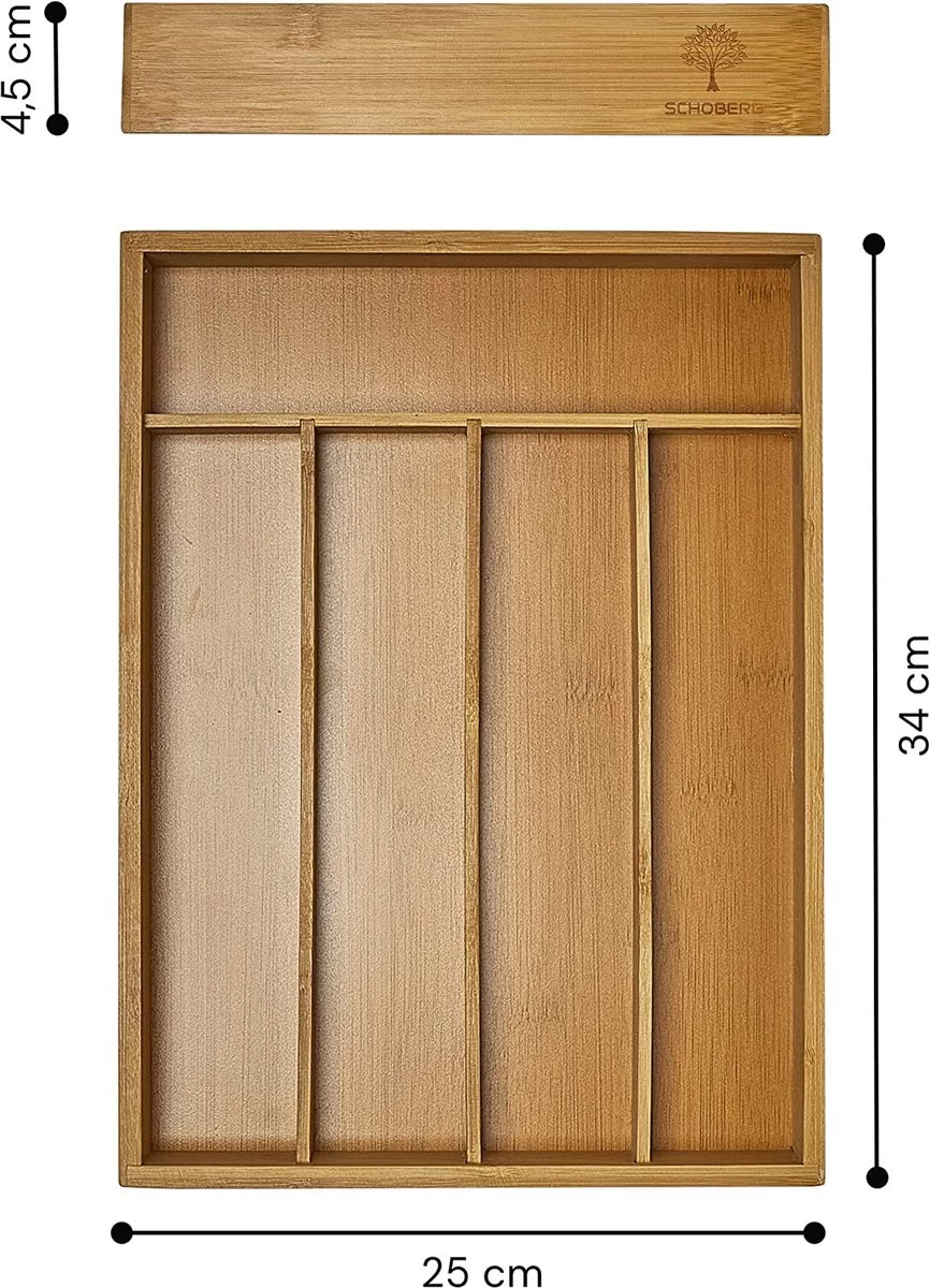 SCHOBERG Houten Bestekbak 34 Cm X 25 Cm X 5 Cm | Bamboe Enkele Keuken Bestekbak | Universele Bestekbak - Afbeelding 2