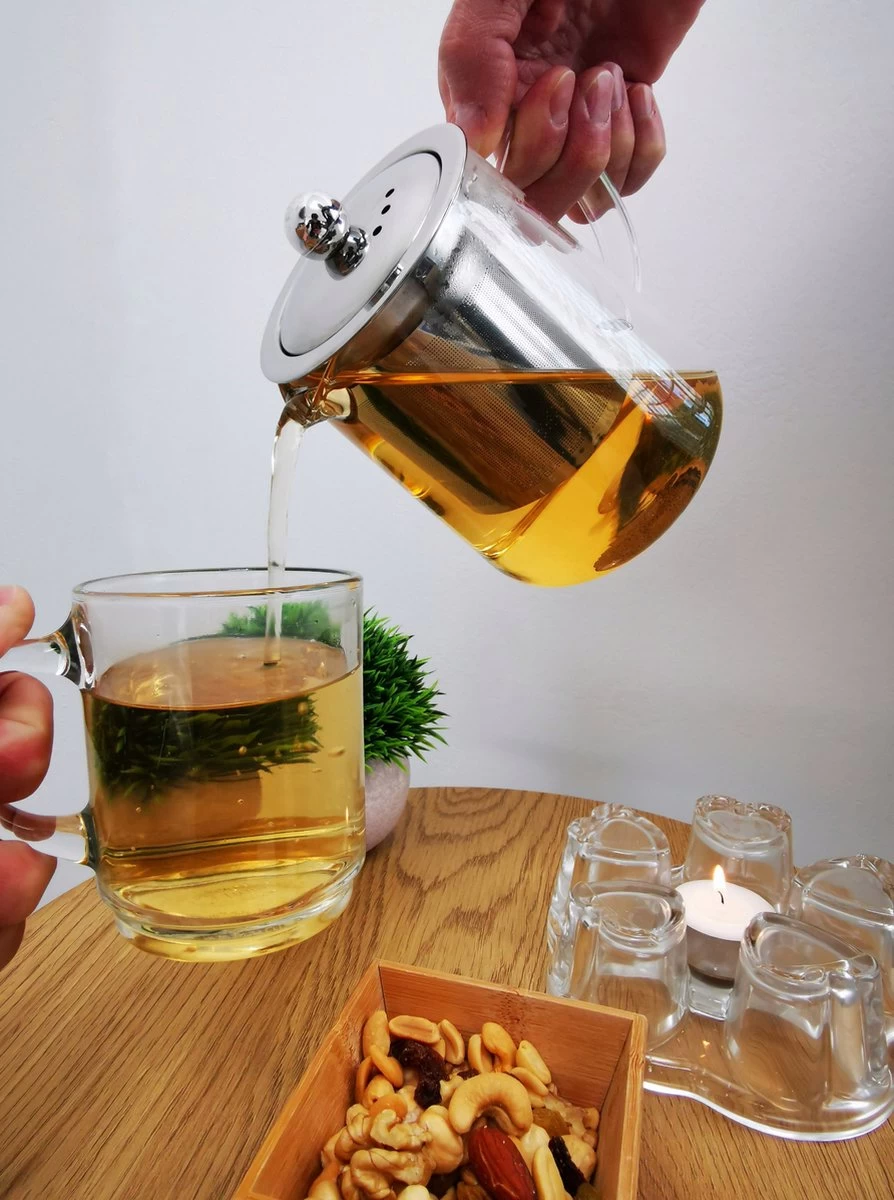 Glazen Theepot Met RVS Theefilter / Theezeef Inclusief Warmhouder ( Rechaud ) - Theelichthouder - Koffie Thee Coffee Tea Maker Luxe - Afbeelding 2