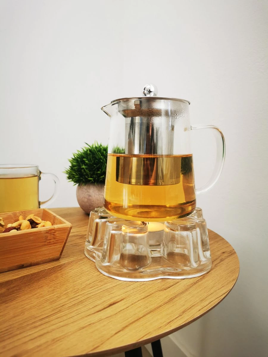 Glazen Theepot Met RVS Theefilter / Theezeef Inclusief Warmhouder ( Rechaud ) - Theelichthouder - Koffie Thee Coffee Tea Maker Luxe
